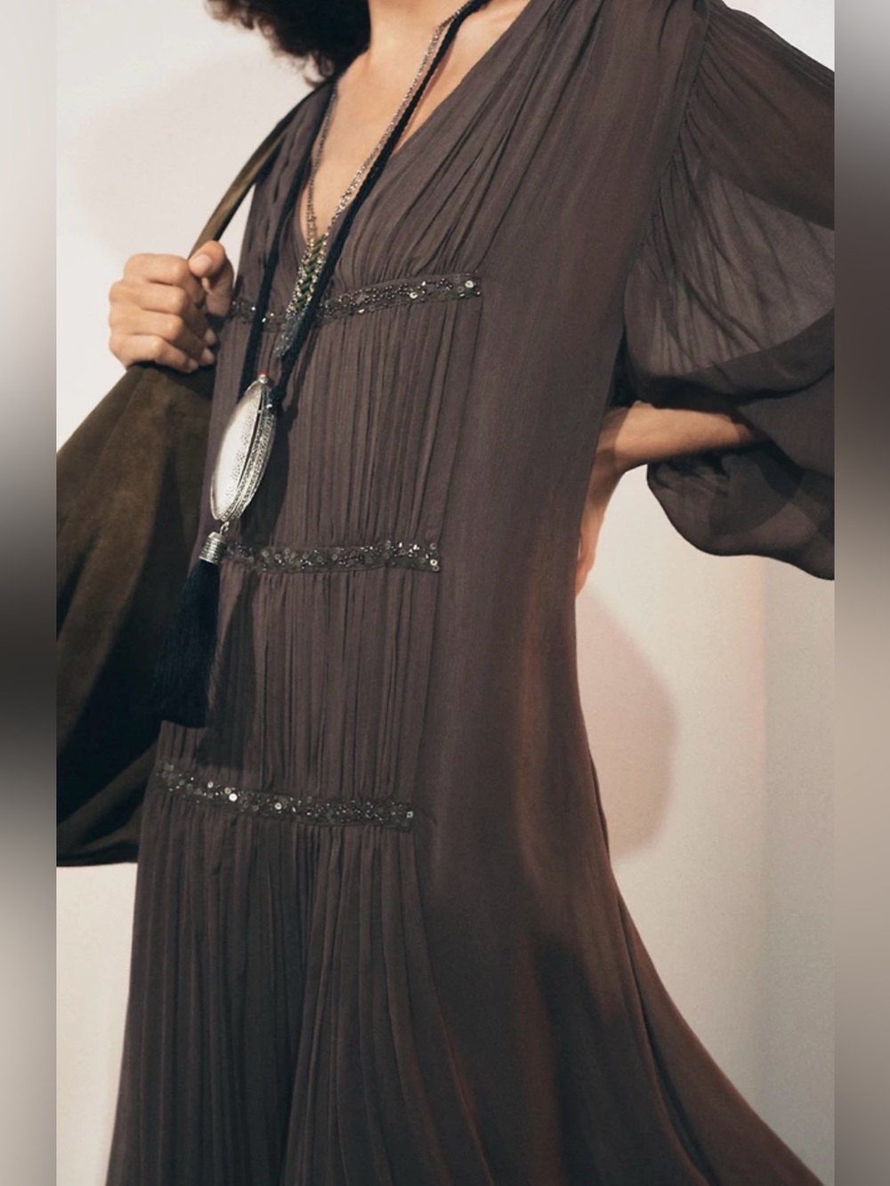 NWT Zara embroidered mink brown ZW collection dress Autumn size Large/ XL